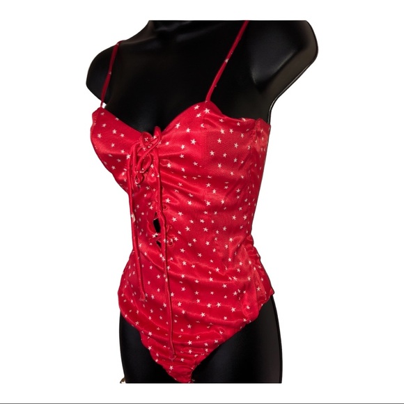 Zara red retro satin silk effect white stars lace-up spaghetti strap bodysuit - Picture 14 of 14